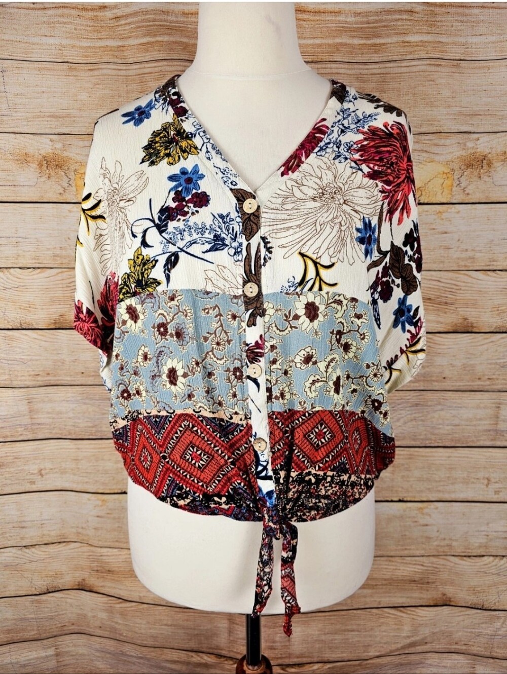 Umgee Patchwork Floral Boho Oversized Shirt Size Medium